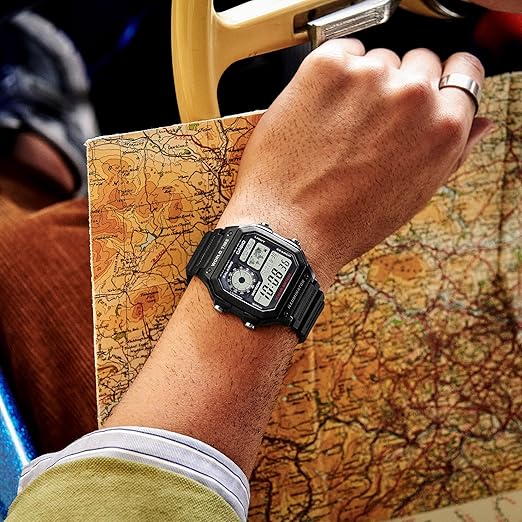 Casio AE1200 world map time zone display close-up