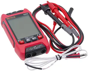 Compact ANENG SZ01 multimeter with red and black probes on a workbench.