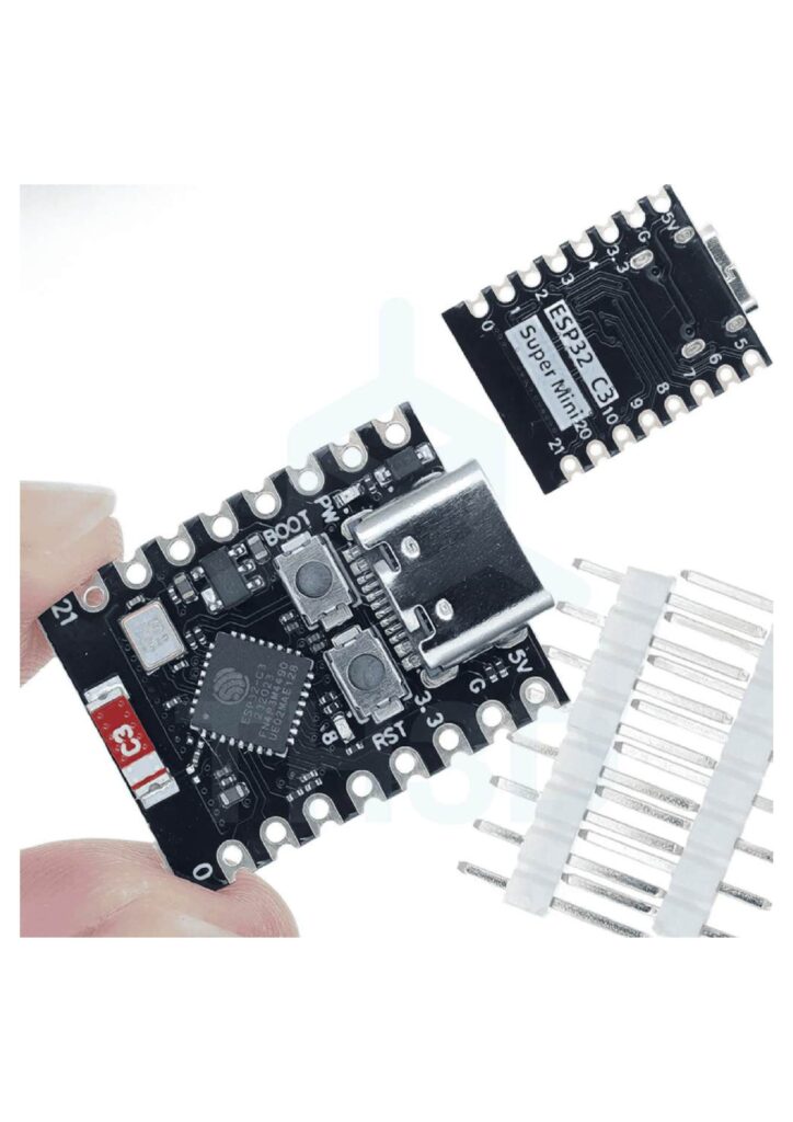 ESP32-C3 SuperMini development board sitting on a fingertip for scale
