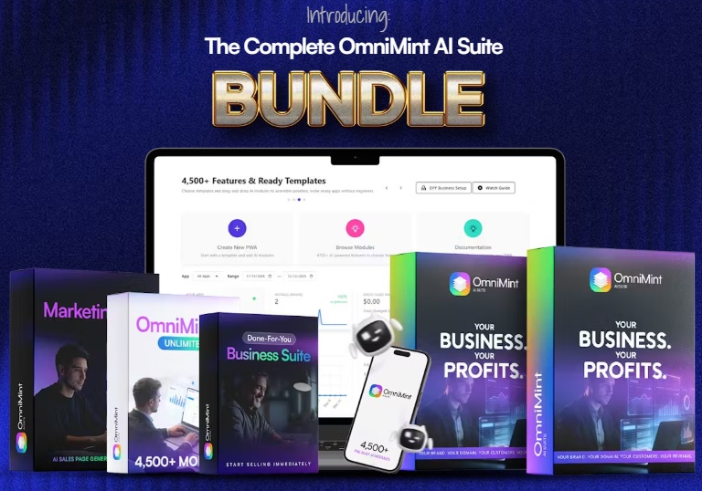 OmniMint AI Suite dashboard showing the no-code software creation interface