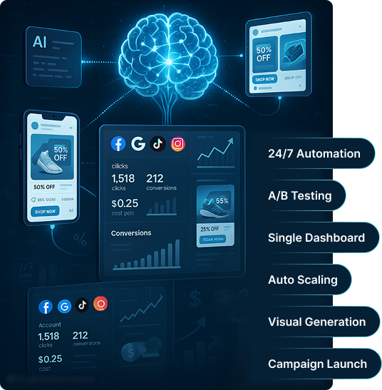 AdvertMate unified dashboard showing integrated ad management for 8 major search and social networks
