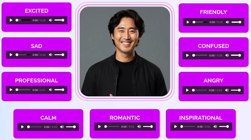 Close-up of VoiceBeast AI emotional tone selectors including joy, excitement, and anger