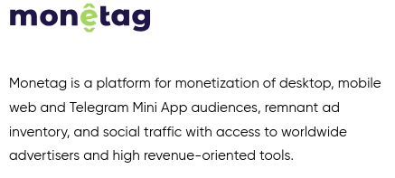 Monetag platform dashboard showing real-time revenue analytics and global traffic stats.