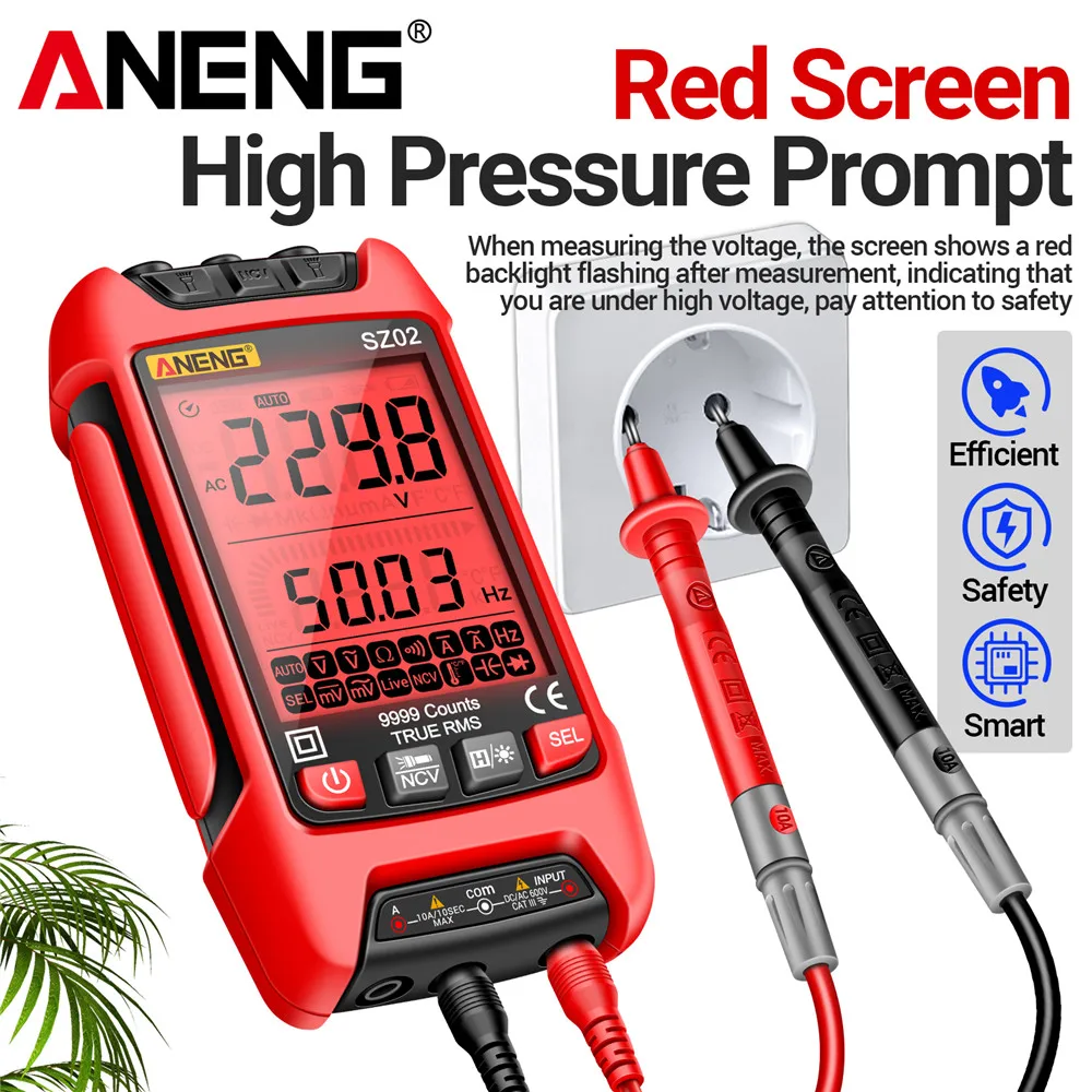 ANENG SZ02 digital multimeter showing AC voltage reading on a large backlit screen.