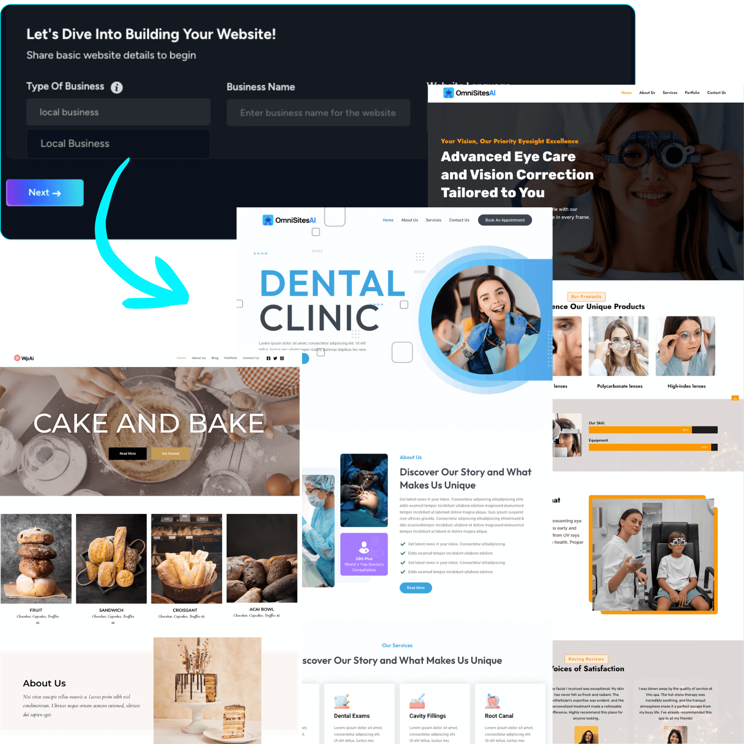 Omnisites AI dashboard showing one-click website generation process
