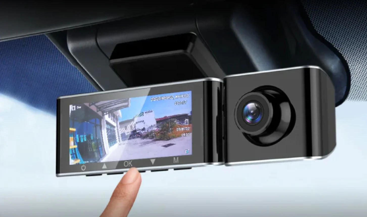 AZDOME M550 Pro 3-channel dash cam installed on a car windshield.