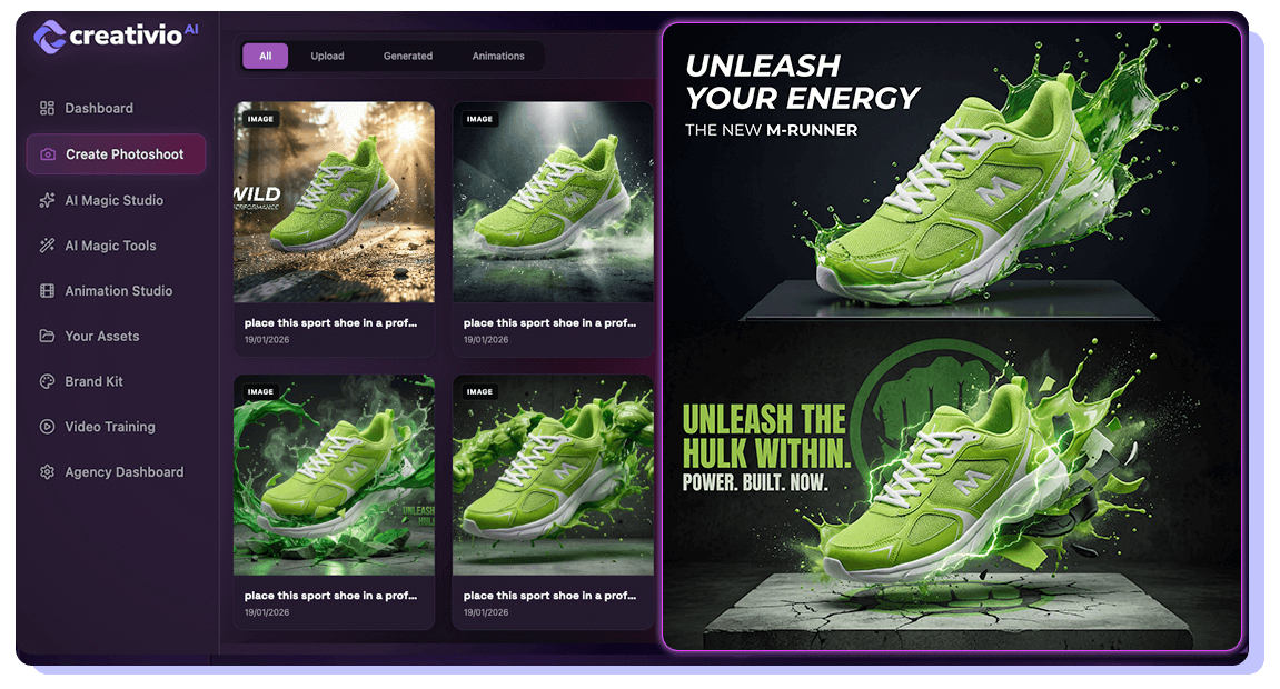 Side-by-side comparison of raw product shots and Creativio AI enhanced images.